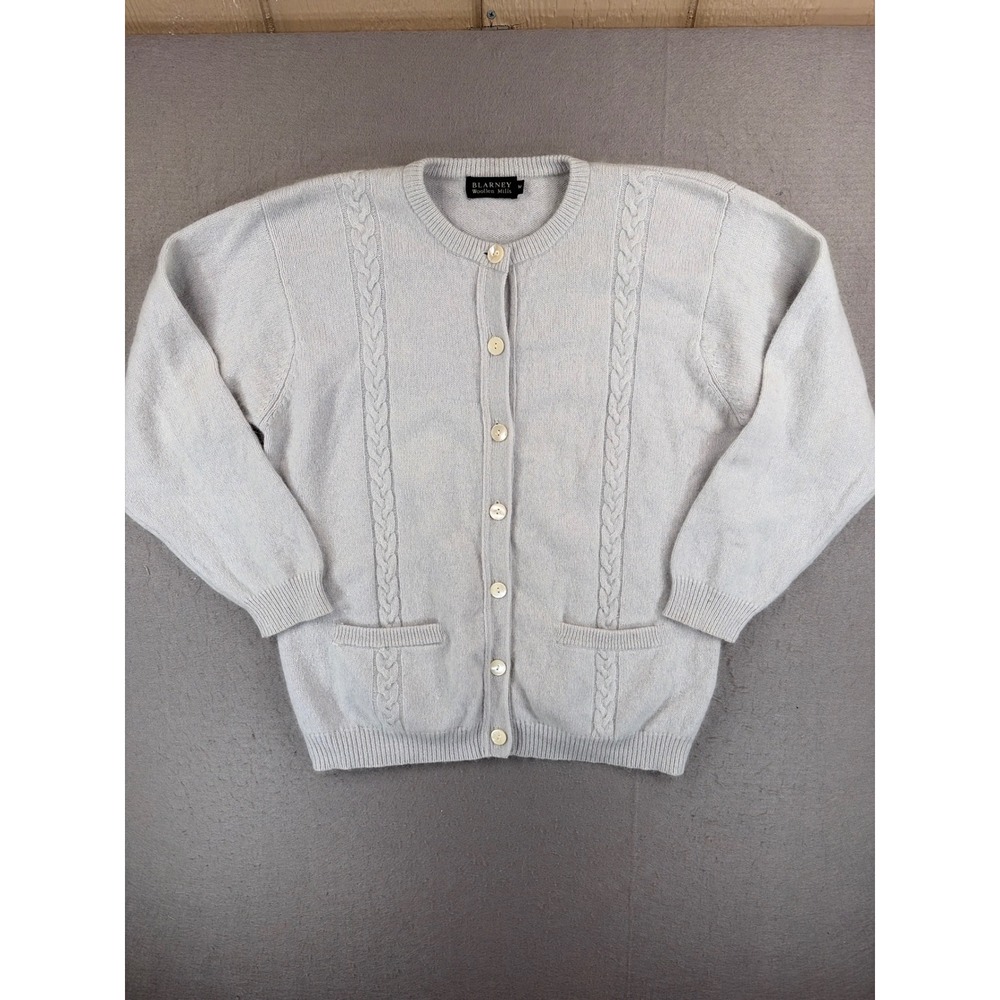 Blarney Woollen Mills Lambswool Angora Cardigan Blue Cable Knit Ireland Womens M